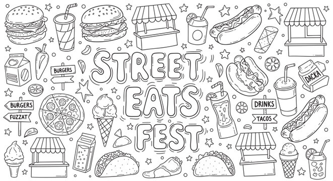 Hand drawn set of street food festival elements in a doodle style. Black and white outline icons of burgers, hot dogs, pizza, and tacos for menu or event promotion - Powered by Adobe