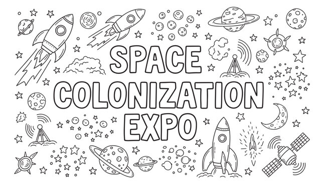 Space colonization expo banner with doodle style elements. Hand drawn line art collection of rockets, planets, and stars for a science fair or educational event