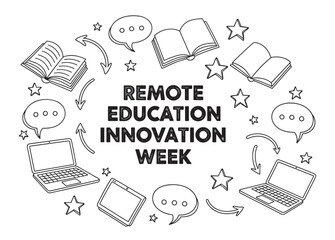 Remote education innovation week concept with doodle icons. E-learning banner with laptop, book, and speech bubble symbols for an online course or virtual classroom event
