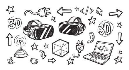 Doodle collection of virtual reality and modern technology icons. Hand drawn sketch elements like vr headset, 3d cube, laptop and coding symbols for metaverse concepts