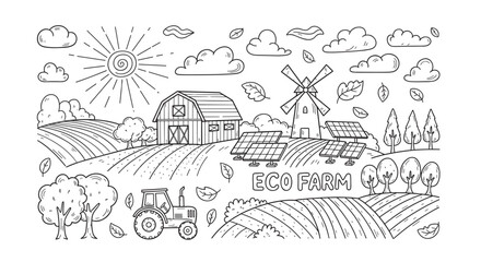 Eco farm landscape with a barn, windmill, and solar panels. Hand drawn doodle of sustainable agriculture and renewable energy in a rural countryside scene with a tractor