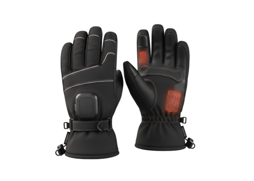 A pair of black battery-powered rechargeable thermal heated gloves for cold winter weather, isolated on a clean transparent background