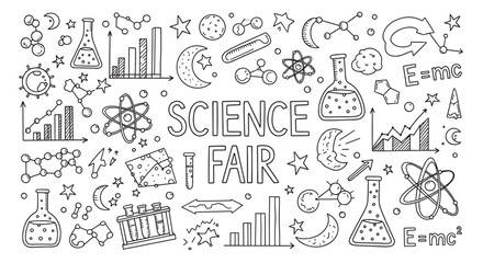 Science fair doodle set with hand drawn chemistry and physics icons. Educational banner for school projects with astronomy and laboratory equipment elements on white