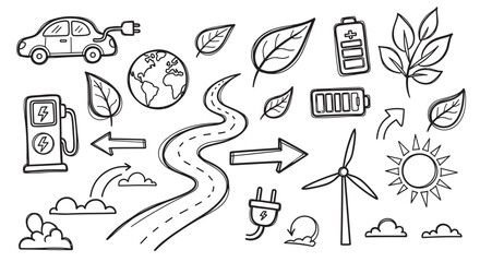 Fototapeta premium Hand drawn doodle icons for green energy and sustainability concepts. Collection of eco friendly elements like electric car, wind turbine, solar power and planet earth