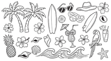 Fototapeta premium Hand drawn collection of tropical summer vacation icons in a doodle style. Featuring palm trees, surfboards, hibiscus flowers, and exotic cocktails for beach themed designs
