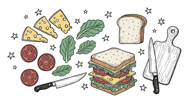 Hand drawn set of sandwich ingredients for a cafe menu design. Doodle collection with bread, cheese, tomato, and lettuce for making a delicious lunch or snack