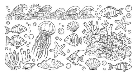Doodle collection of cute marine animals and underwater plants. Hand drawn line art set with fish, coral reef, jellyfish, and shells for children's coloring book design