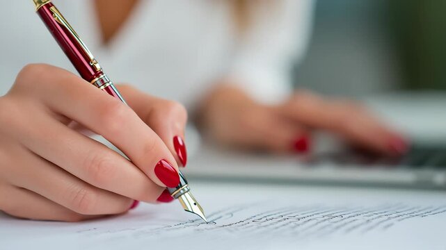 Woman with red nails writes a letter