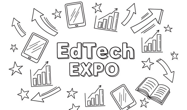 Edtech expo banner with hand drawn educational technology icons. Doodle style design with tablets, growth charts, and books for a digital learning conference or exhibition