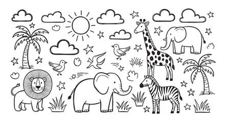 Obraz premium Cute collection of hand drawn safari animals in a simple doodle style. Set features a lion, elephant, giraffe, and zebra with nature elements for kids coloring pages