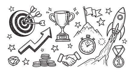 Hand drawn doodle set of business success icons for goal achievement concepts. Includes trophy, target, rocket launch, and growth arrow for startup and finance themes