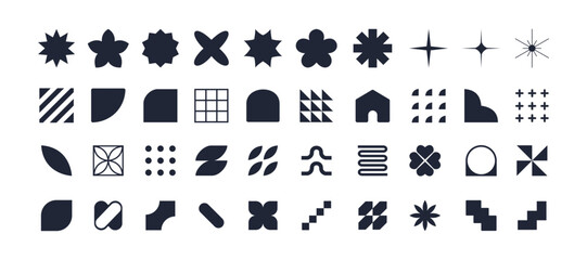 Geometric and abstract shapes collection. Modern minimalist stars, lines and circles, memphis geometric silhouette elements vector set.