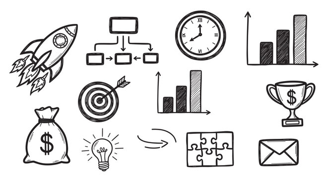 Hand drawn business doodle icon set for startup and success concepts. Includes rocket, chart, target, and money symbols for marketing presentations or creative infographics