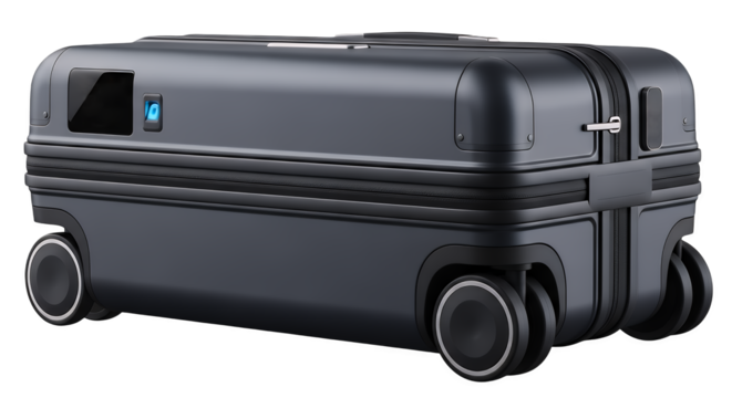A modern smart suitcase with autonomous robotic features, showing detailed design and innovative travel technology, isolated on a clean transparent background