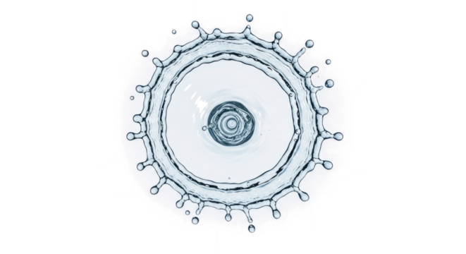 Blue water splash a topdown view of a water splash creating a crown shape with droplets