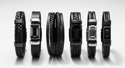 Five Black Men's Leather Bracelets with Braided and Double Strand Designs on a White Background