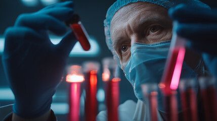 A scientist in protective gear examining test tubes filled with a red liquid in a laboratory setting