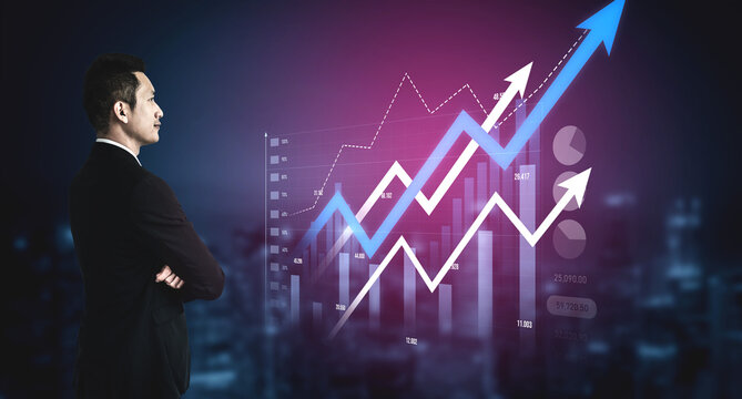A businessman stands confidently, analyzing financial graphs that depict upward trends and success in a modern office environment, showcasing analytical skills and professionalism. Scalp