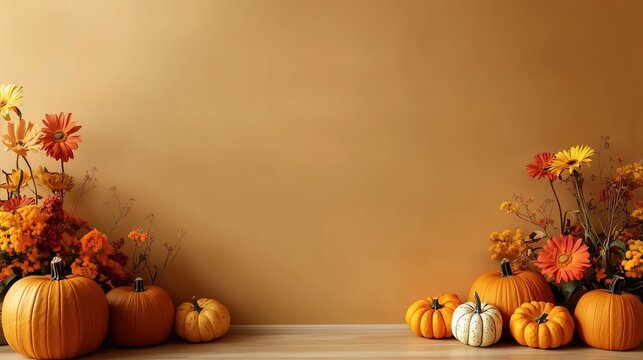 Minimalist Autumn Background with Orange Wall, Pumpkins Flowers Gourds on Wood Table, Closeup Copy Space Amber Tones Soft Lighting Hyperrealistic