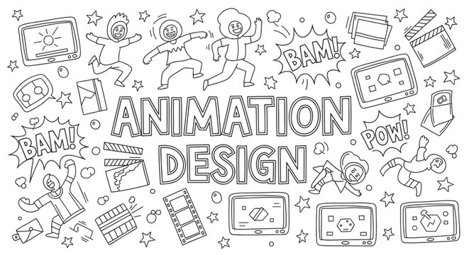 Doodle style banner for animation design services or creative studio promotion. Hand drawn set of cartoon people, film production icons and technology elements in a line art style - Powered by Adobe