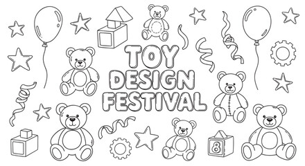 Hand drawn set of children's toys for a design festival or celebration. Outline icons of teddy bears, balloons, and blocks for coloring pages or party invitations
