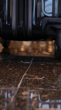 Vertical video: Entering frame suitcase wheels rolling across tile floor and exiting, light glow