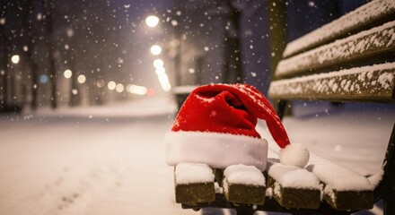 Santa hat on snowy bench in winter night scene
