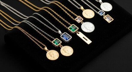 Gold and Silver Necklaces with Gemstone Pendants Displayed on Black Velvet, Luxury Jewelry Flat Lay