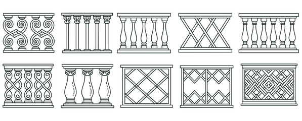 Collection of balcony railing and balustrade designs in a simple outline style. Set of classic and modern fence elements for architecture or interior design projects