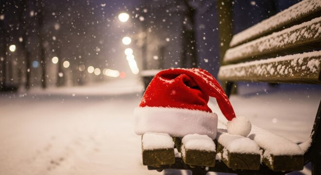Santa hat on a snow-covered park bench in winter - Powered by Adobe
