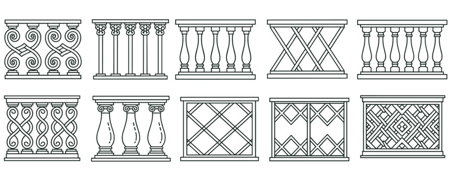Collection of balcony railing and balustrade designs in a simple outline style. Set of classic and modern fence elements for architecture or interior design projects
