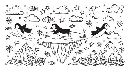 Cute penguin doodle collection with arctic elements like icebergs and fish. Hand drawn line art set for children's coloring books or winter themed designs