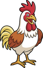 Cartoon rooster mascot character with colorful feathers, cheerful farm animal illustration for children’s books, educational content, agriculture branding design