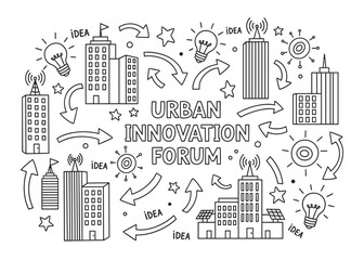 Urban innovation forum concept with city buildings and idea lightbulbs. Hand drawn doodle set for smart city technology, business conference, and creative development