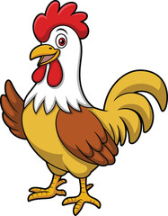 Cartoon rooster mascot with colorful feathers, lively farm animal illustration, cheerful crowing character for children’s books, education, agriculture branding design