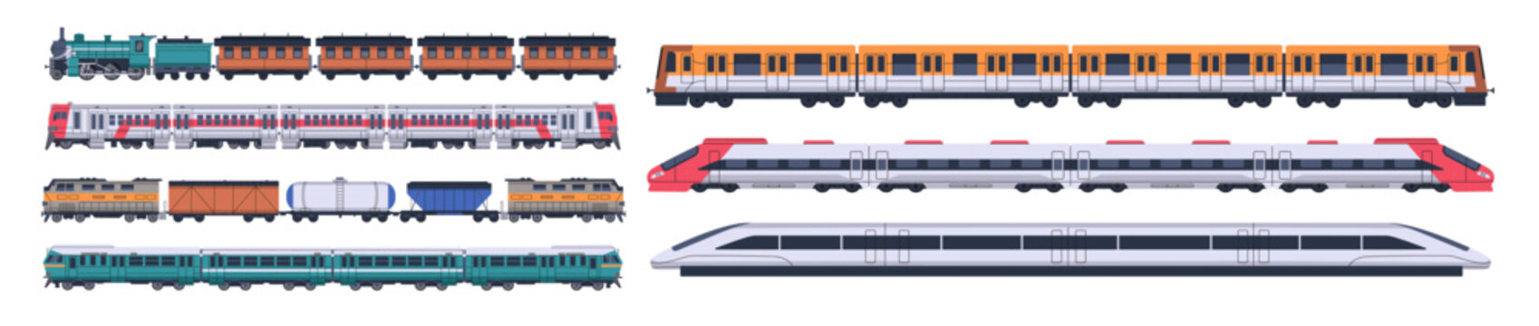 Set of different modern and retro trains. Locomotives with passenger and cargo carriages. Trail wagons with engine. Railway, railroad transport side view. Flat isolated vector illustrations on white