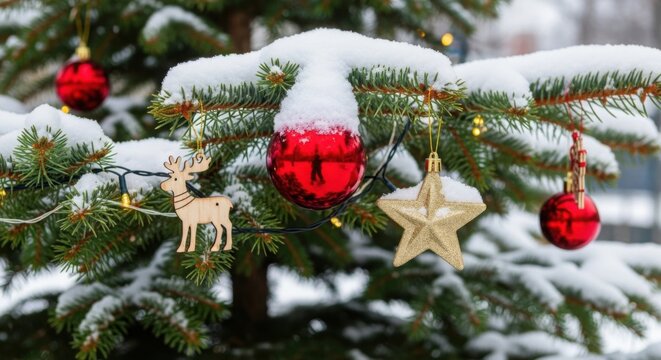 Snow-covered Christmas tree branch decorated with red balls and gold star