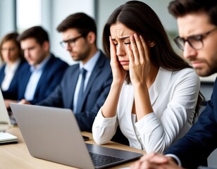 A tired businesswoman covered her face with her hands, rubbing her eyes. Stress at work in the office