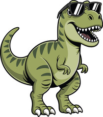 Cartoon T‑rex dinosaur mascot with sunglasses, cool prehistoric character illustration for children’s media, entertainment design, novelty branding, educational use