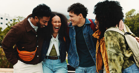 University, education and people with laugh for friends, learning and knowledge. College, academy and youth development with gen z students on campus for comedy, break and funny joke or bonding