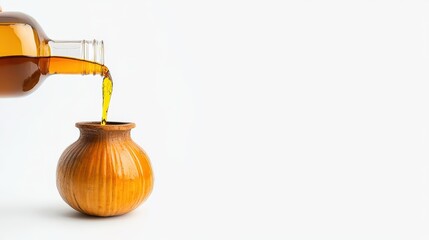 Traditional earthenware clay pot with a narrow neck and rounded body, used for sto liquids or cooking, placed on a clean white background with liquid pou from a bottle