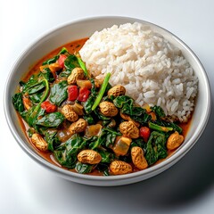Traditional Asian-inspired vegetable and tofu curry with fresh spinach and rice served in a white bowl on a white surface