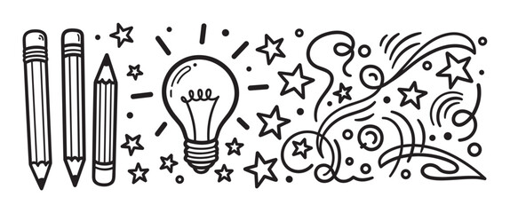 Hand drawn sketch of the creative process from pencils to a lightbulb idea. Imagination and innovation concept shown with abstract swirls, stars, and doodle elements