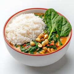 Traditional spicy vegetable curry with chickpeas served with white steamed rice in a white bowl on a plain background