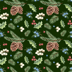 Watercolor pine branches with cones and berries seamless pattern for Christmas design. Hand-drawn illustration spruce twigs for winter holiday decor. Conifer plant natural background for textile, card