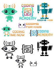 coding kids programming training logo for your business or company set logotype cartoon stock color and black and white vector illustration isolated on white background