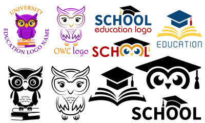 owl education logo for university college school and your business or company set logotype cartoon stock color and black and white vector illustration isolated on white background