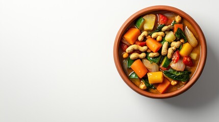 Colorful vegetable salad with nuts in a round bowl on a white background healthy fresh vegetarian meal or snack