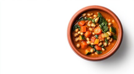 Fresh vegetable curry in a rustic ceramic bowl with colorful diced vegetables including carrots peas and potatoes with fresh herbs on a white background