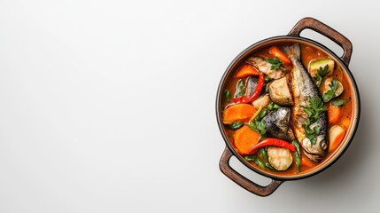 Delicious fish stew with fresh vegetables in a rustic pot served on a white background, home-cooked healthy seafood dish with colorful ingredients